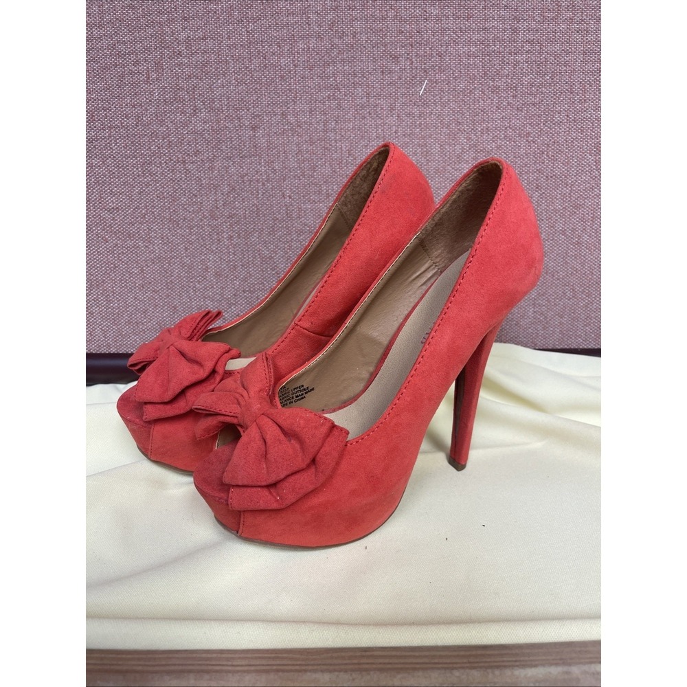 Just Fab Lita Coral Faux Suede Stiletto Heels w/Bow 6.5 Sweet Sexy 4.5" Heel